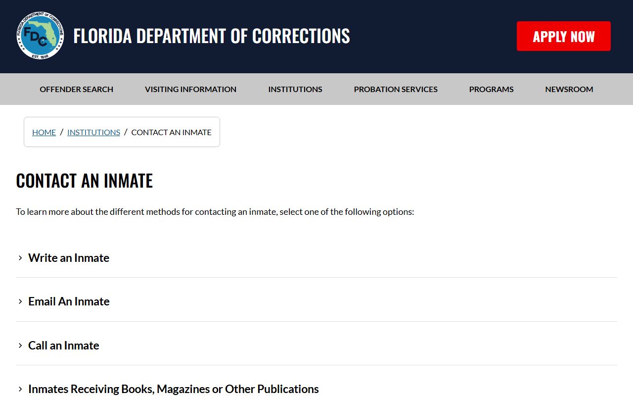 Florida Department of Corrections contact-an-inmate page for Liberty Correctional Institution