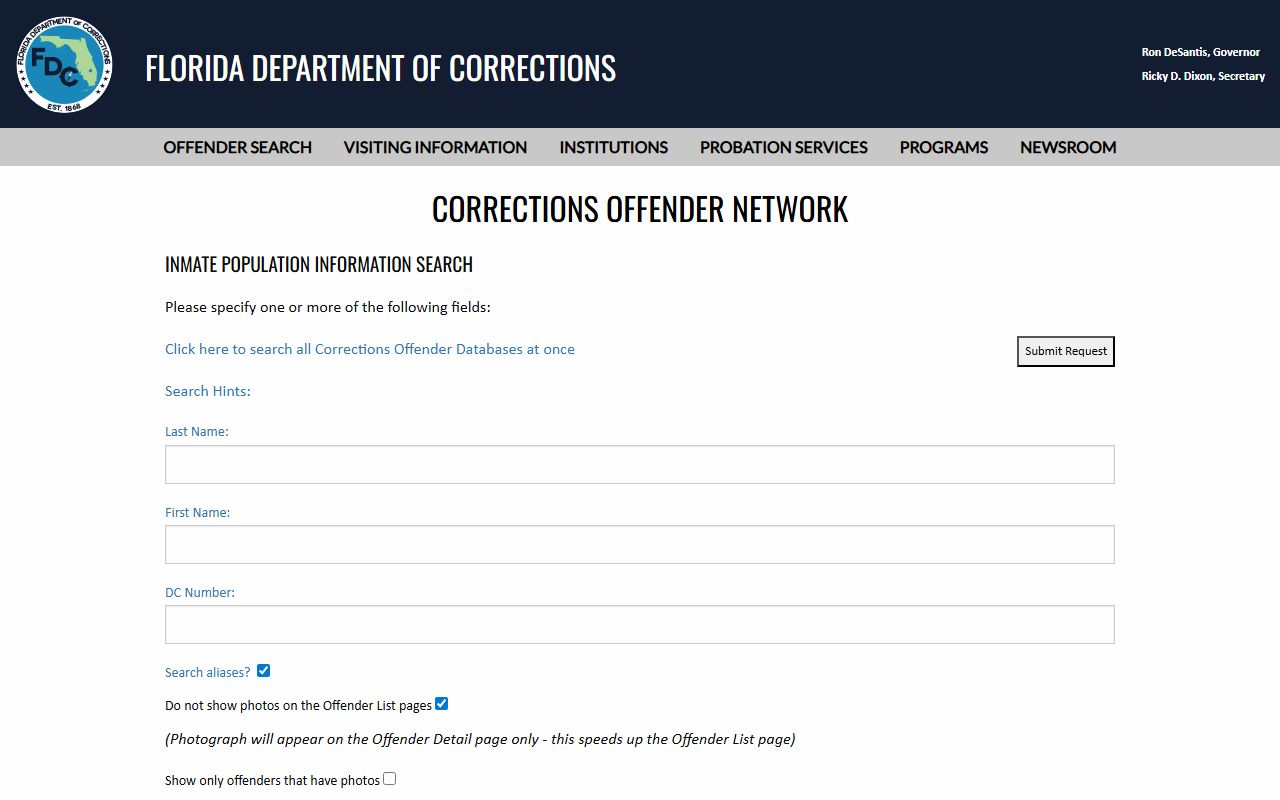 Florida Department of Corrections inmate population search used for Liberty County state inmate records