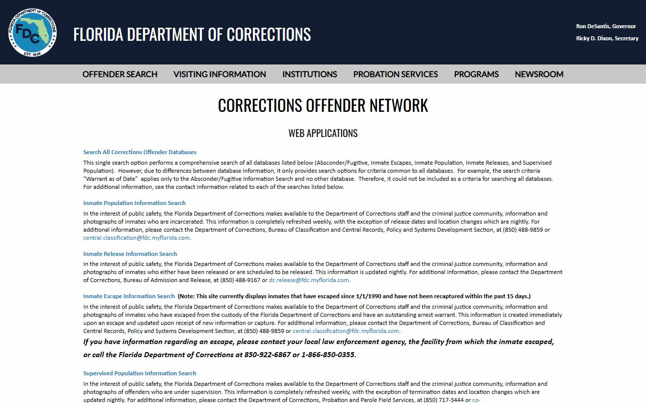 Florida Department of Corrections offender search menu used for the Liberty County state inmate population