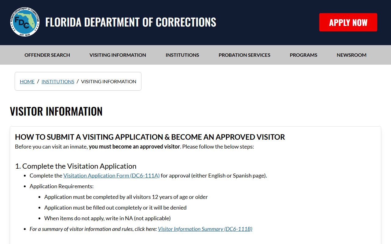 Florida Department of Corrections prison visiting rules for Liberty Correctional Institution
