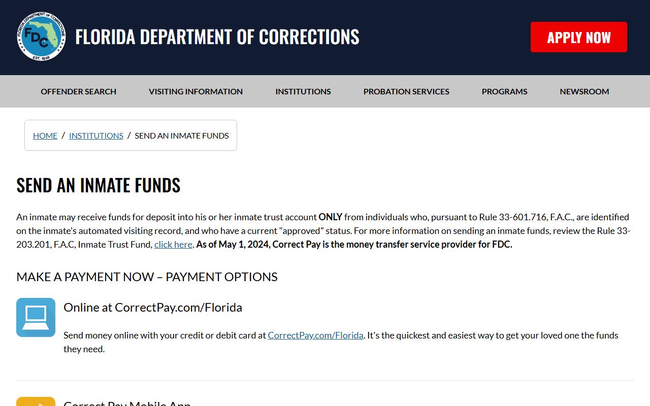 Florida Department of Corrections send-funds page for Liberty Work Camp South Unit inmates