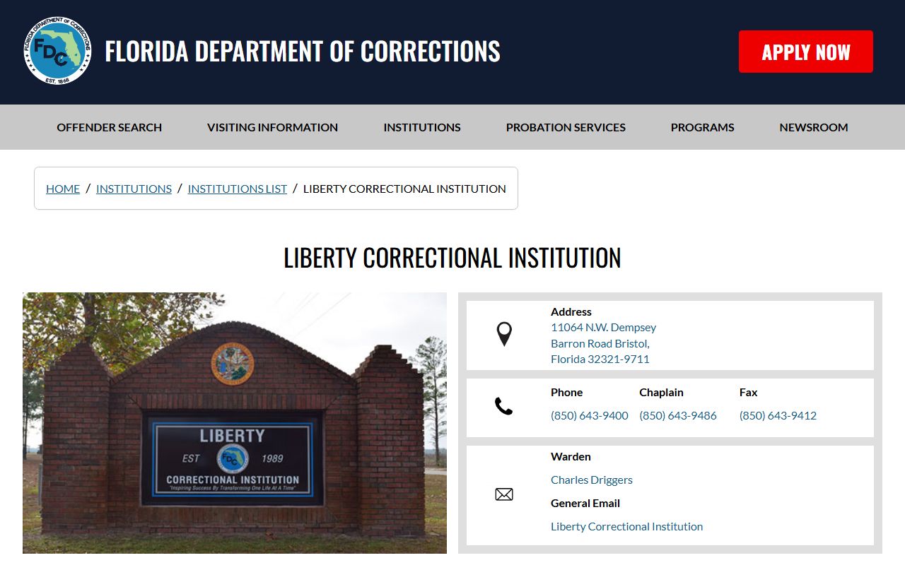 Florida Department of Corrections Liberty Correctional Institution profile for inmate search