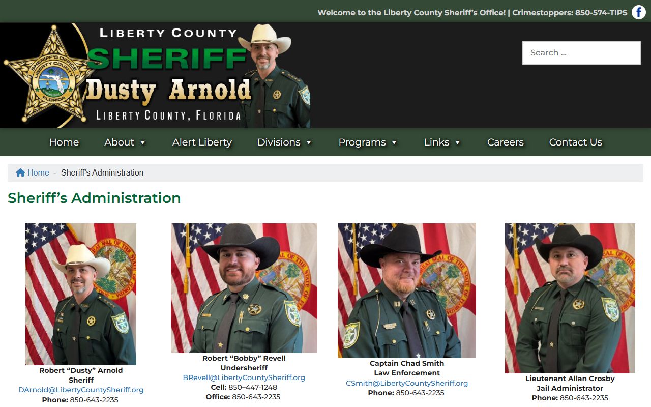 Liberty County Sheriff administration page naming the jail administrator and command staff
