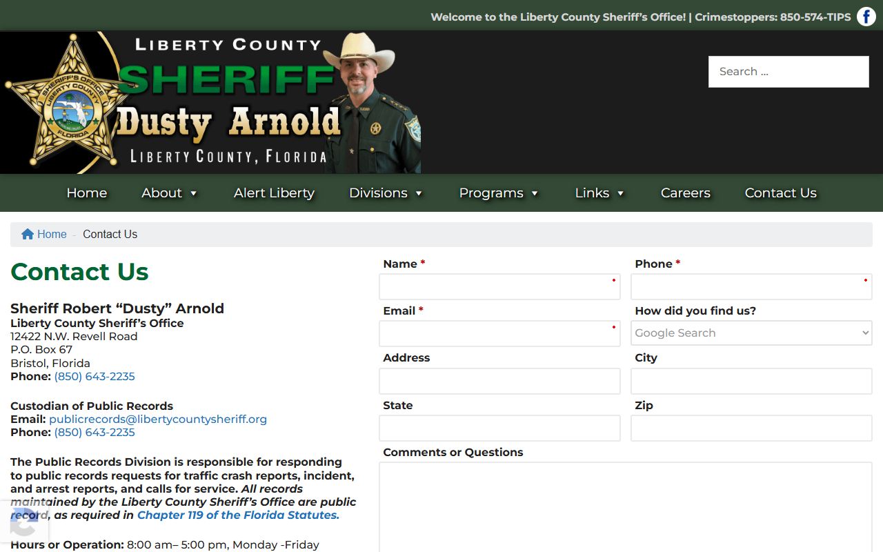 Liberty County Sheriff contact and records form used to request jail mugshots