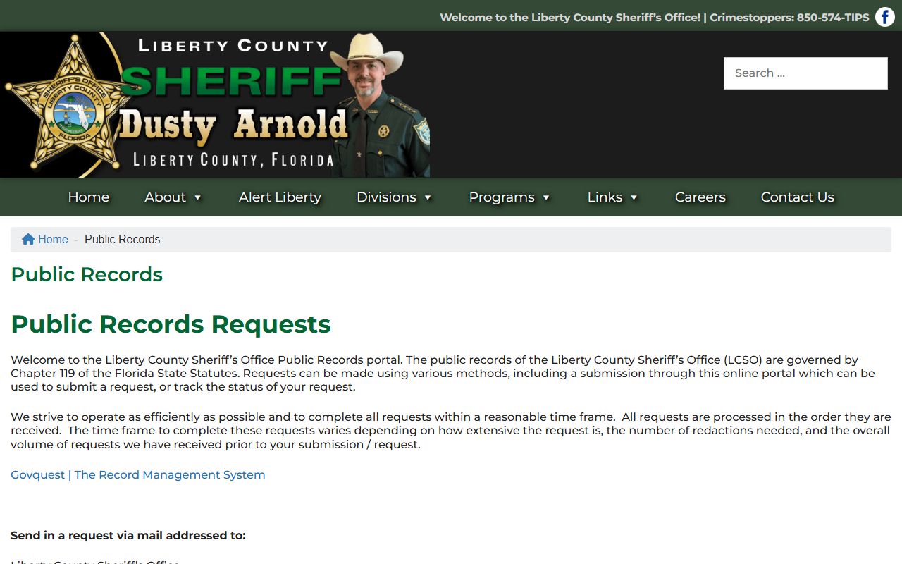 Liberty County Sheriff public-records page used to request jail inmate records